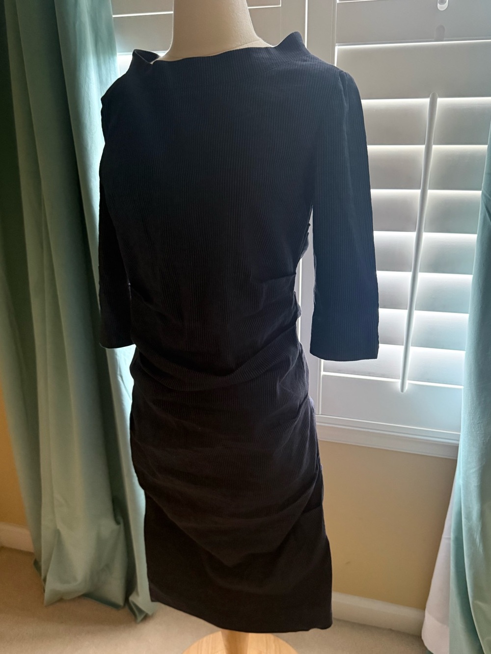Sara Campbell Navy Three-Quarter Sleeve Ruched Sheath Dress USA linen/cotton